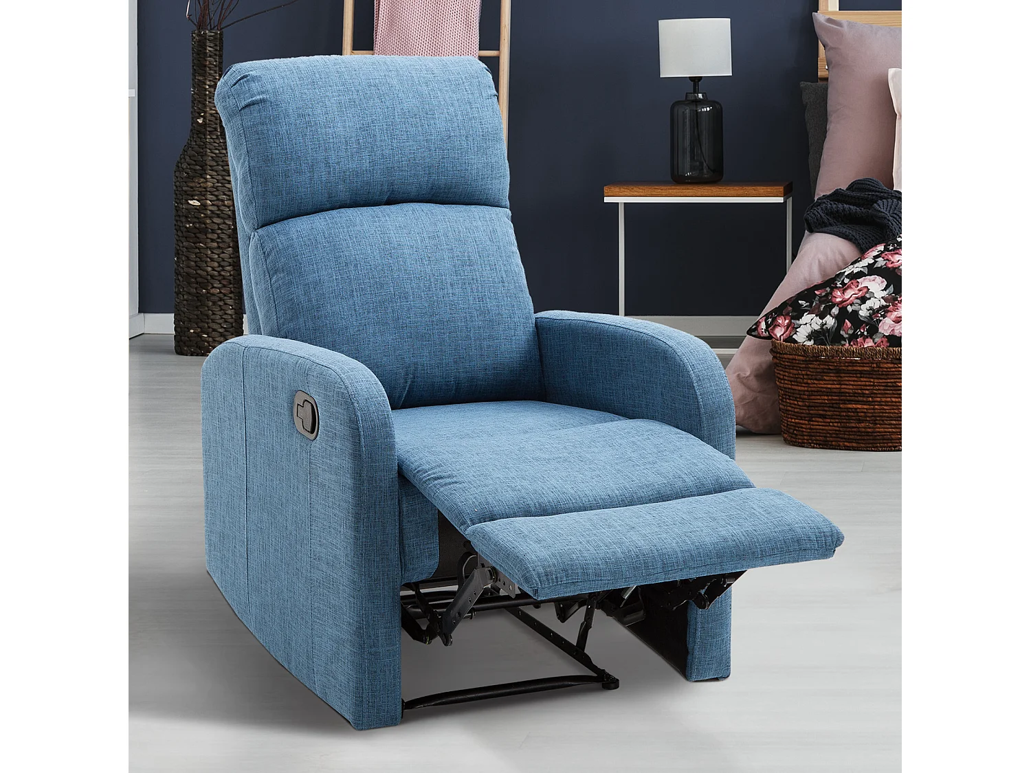 Poltrona relax reclinabile manuale in tessuto di lino blu