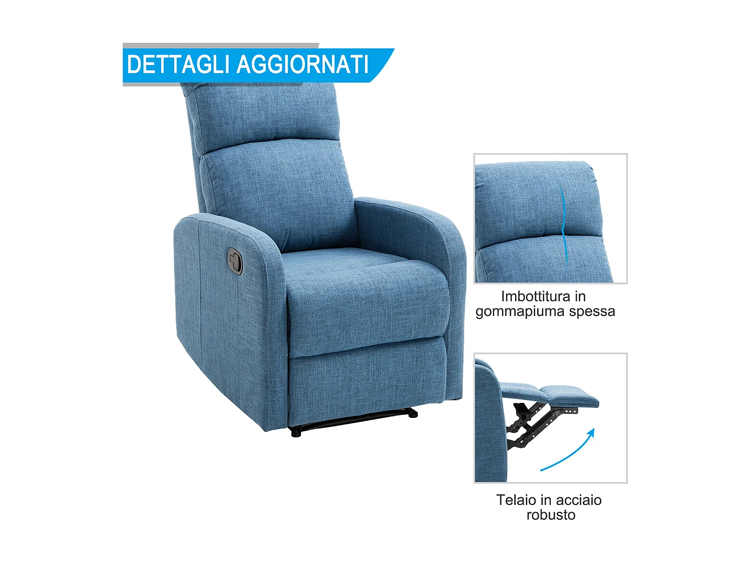 Poltrona relax reclinabile manuale in tessuto di lino blu