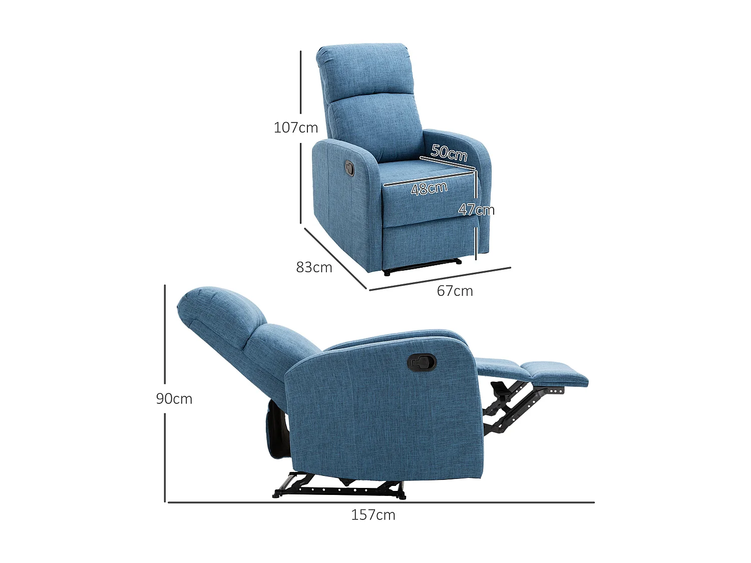 Poltrona relax reclinabile manuale in tessuto di lino blu