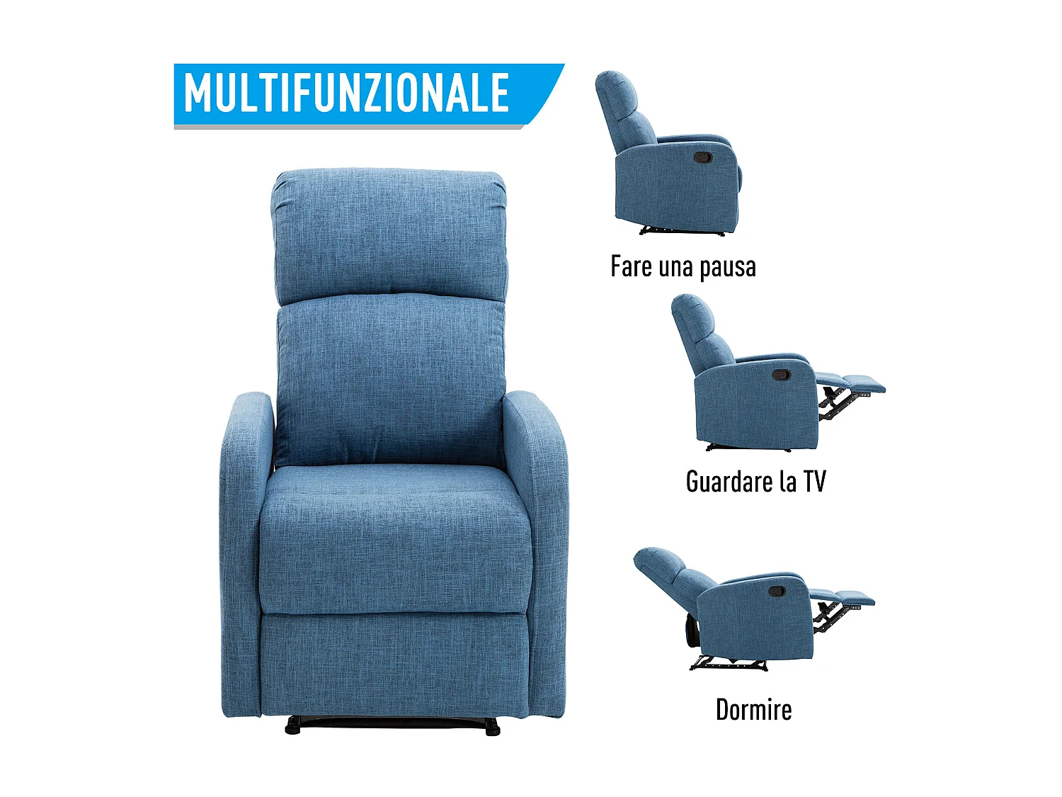 Poltrona relax reclinabile manuale in tessuto di lino blu