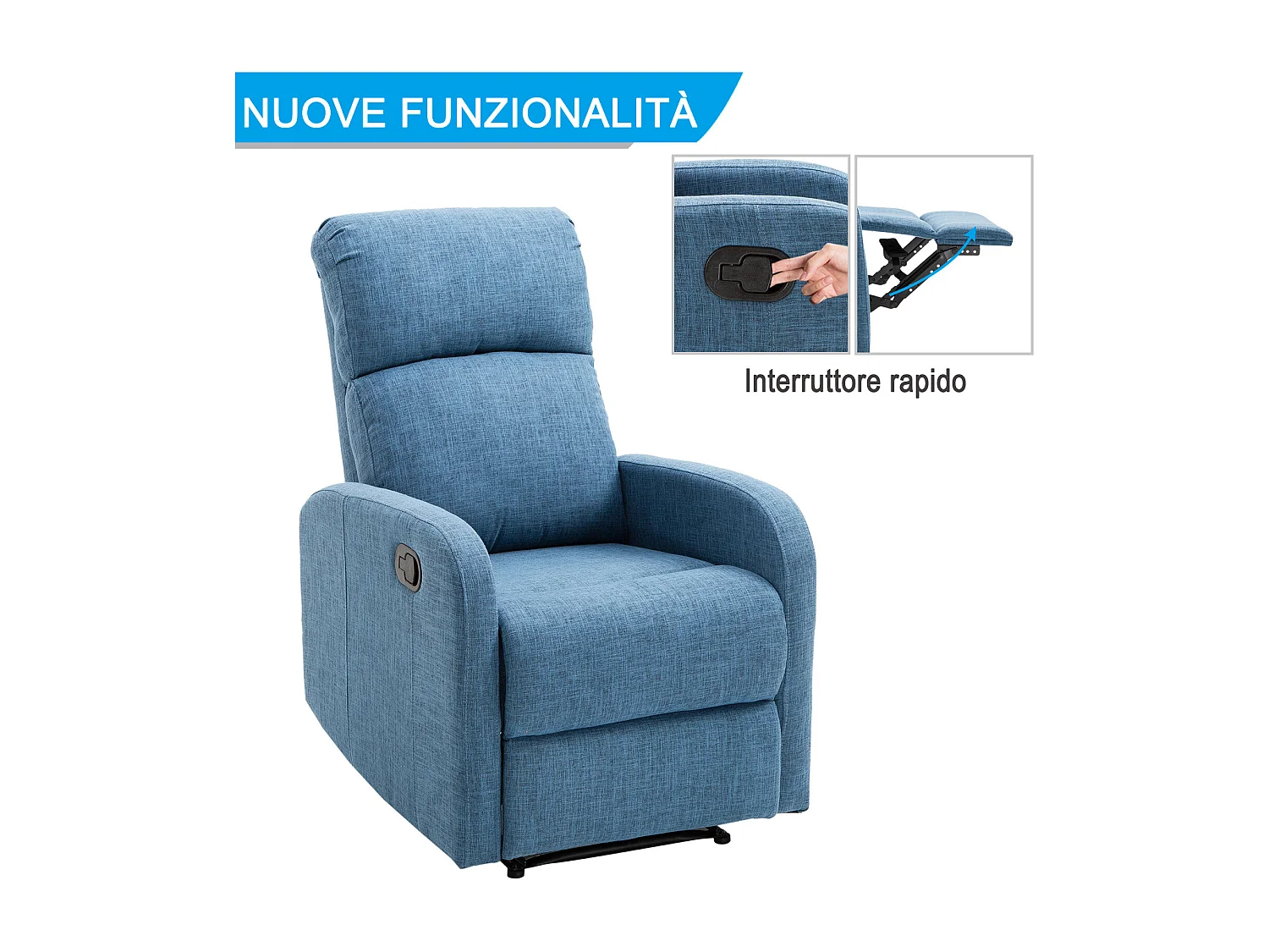 Poltrona relax reclinabile manuale in tessuto di lino blu