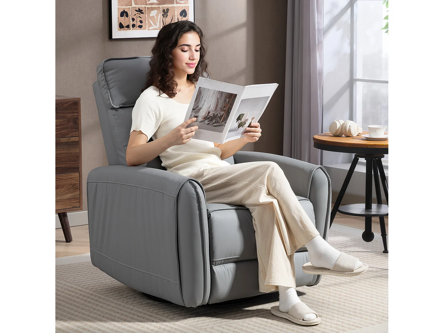 Poltrona relax reclinabile con poggiapiedi e base girevole grigio