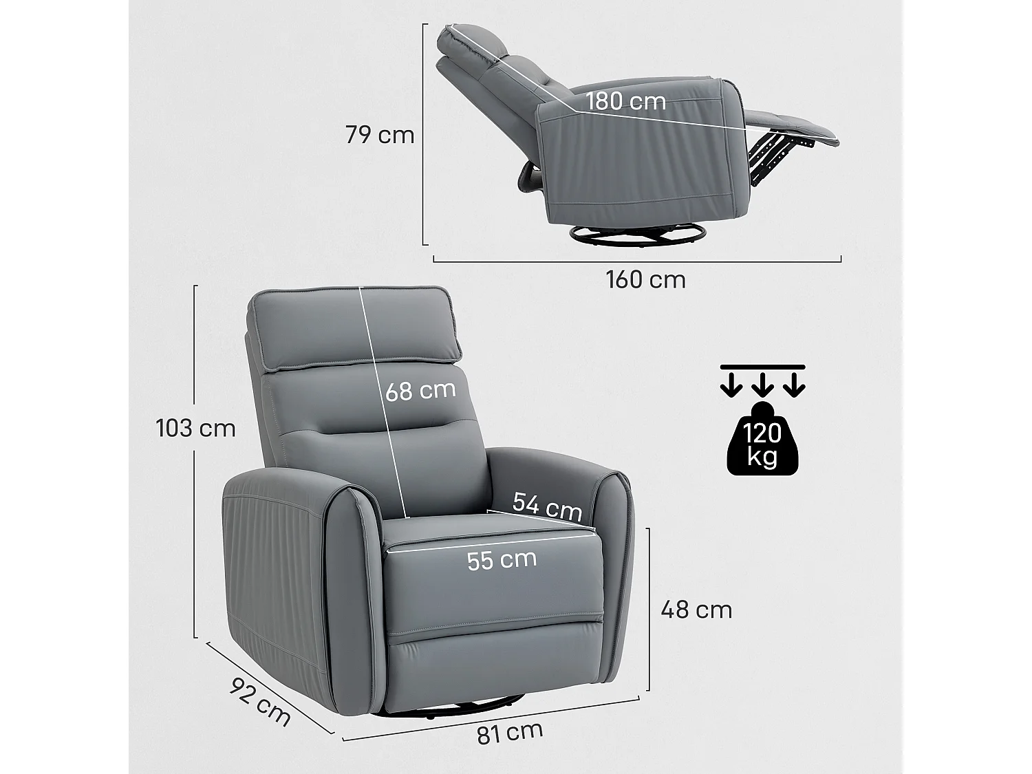 Poltrona relax reclinabile con poggiapiedi e base girevole grigio