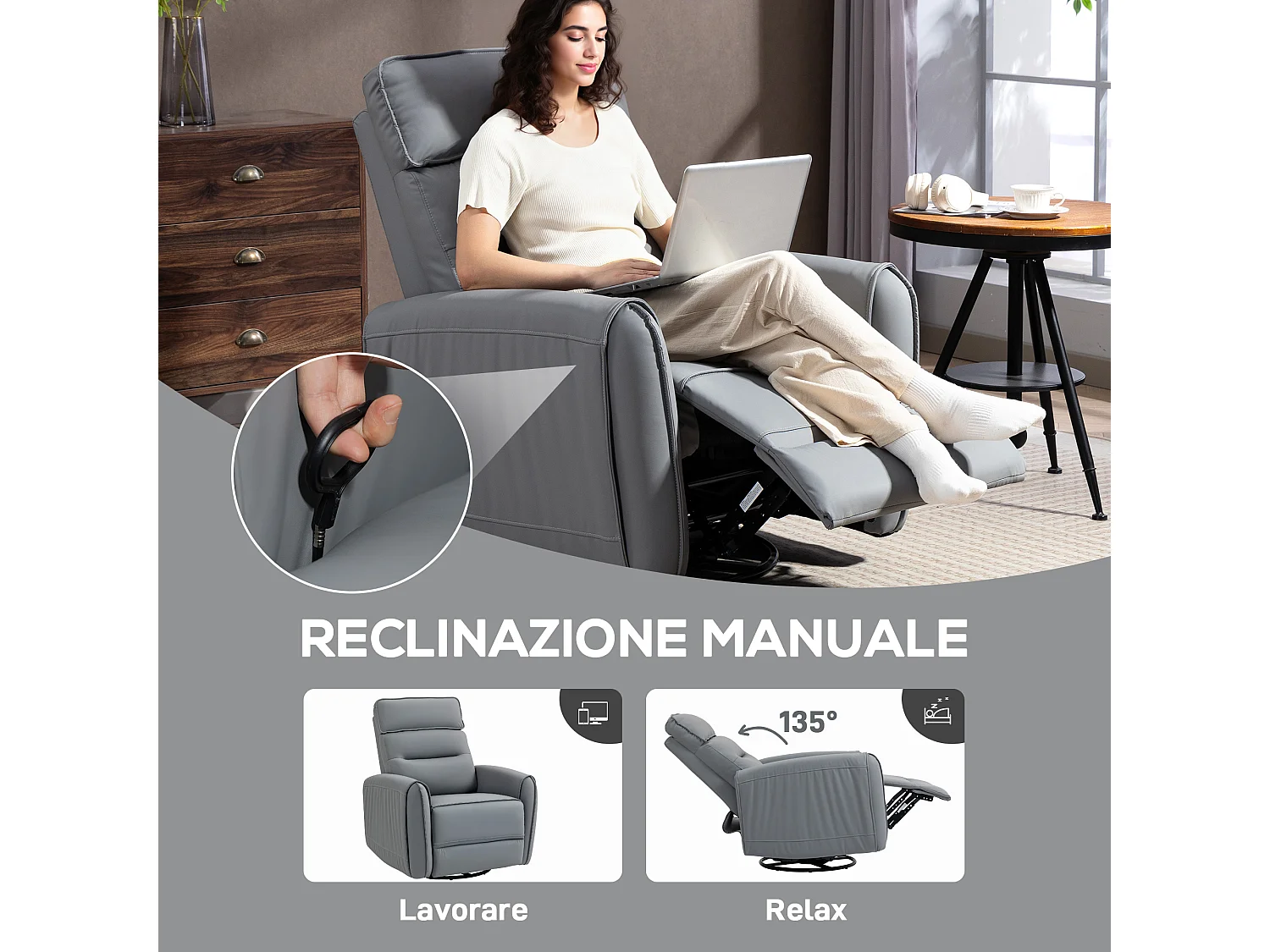 Poltrona relax reclinabile con poggiapiedi e base girevole grigio