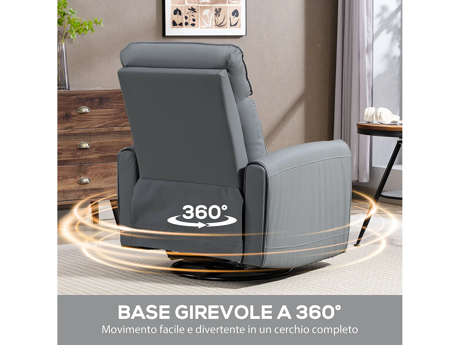 Poltrona relax reclinabile con poggiapiedi e base girevole grigio