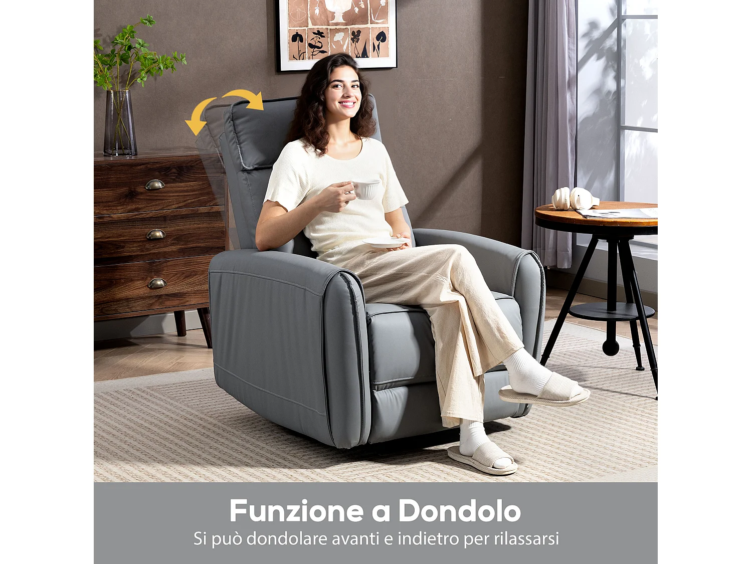 Poltrona relax reclinabile con poggiapiedi e base girevole grigio