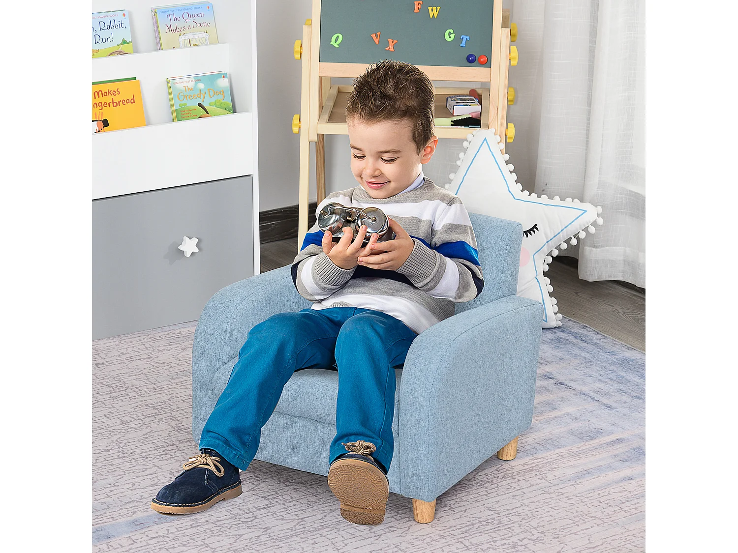 Poltroncina per i Bambini in Tessuto per Cameretta con Imbottitura,Blu