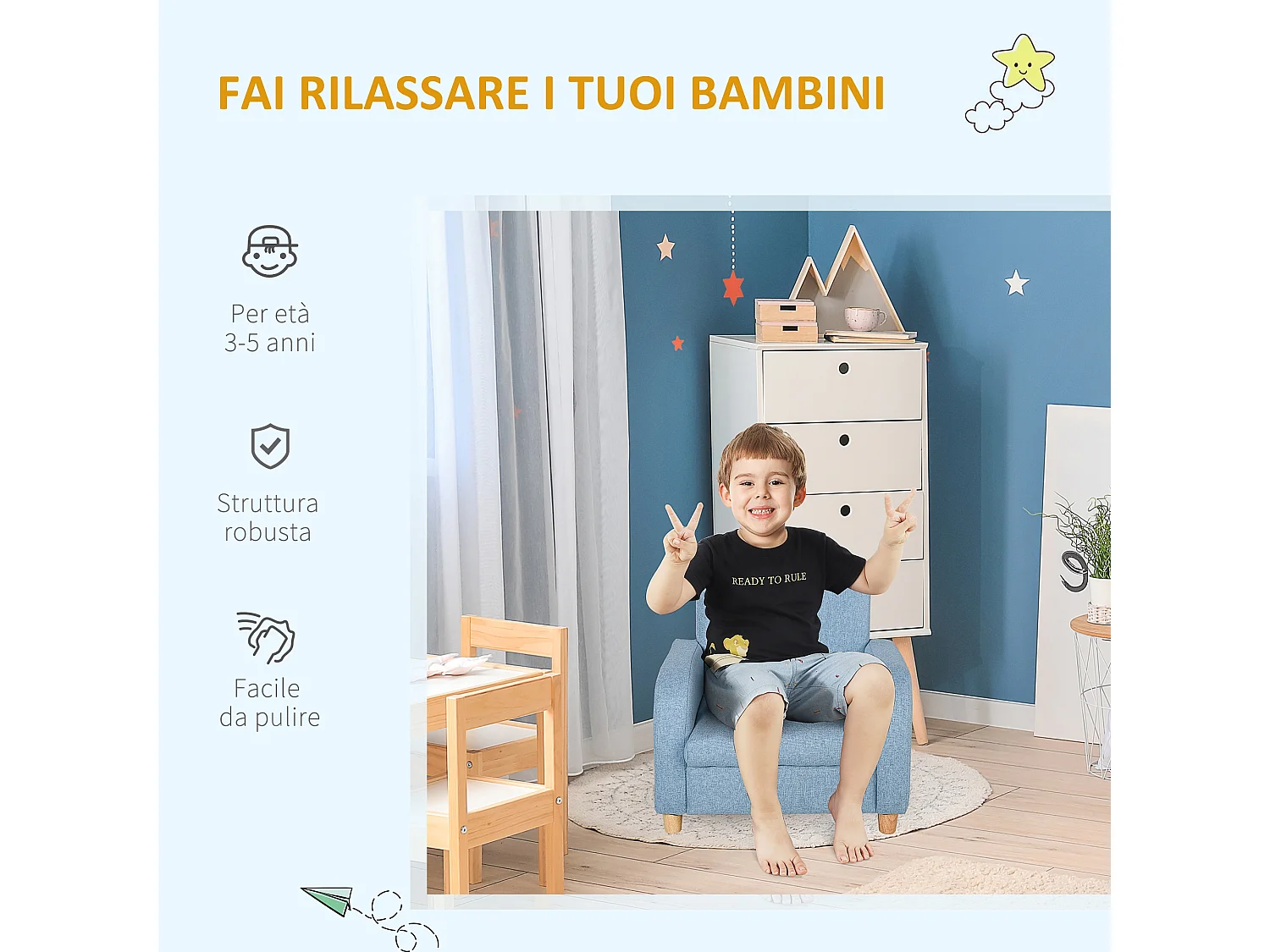 Poltroncina per i Bambini in Tessuto per Cameretta con Imbottitura,Blu