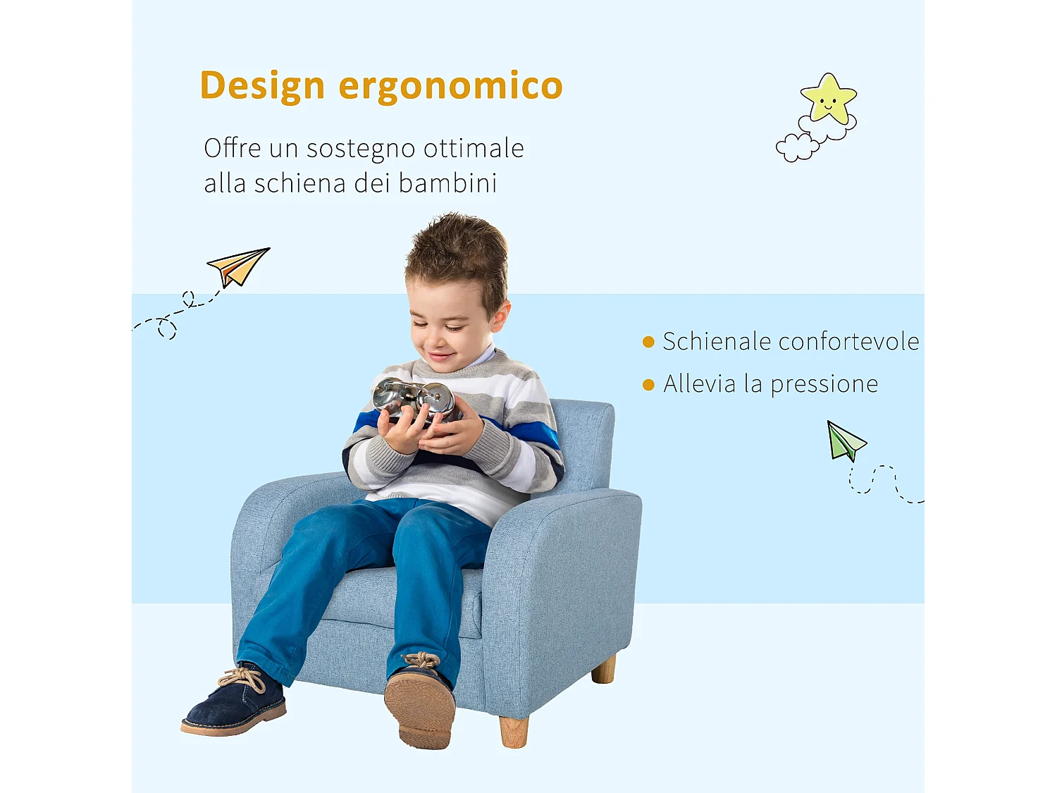 Poltroncina per i Bambini in Tessuto per Cameretta con Imbottitura,Blu