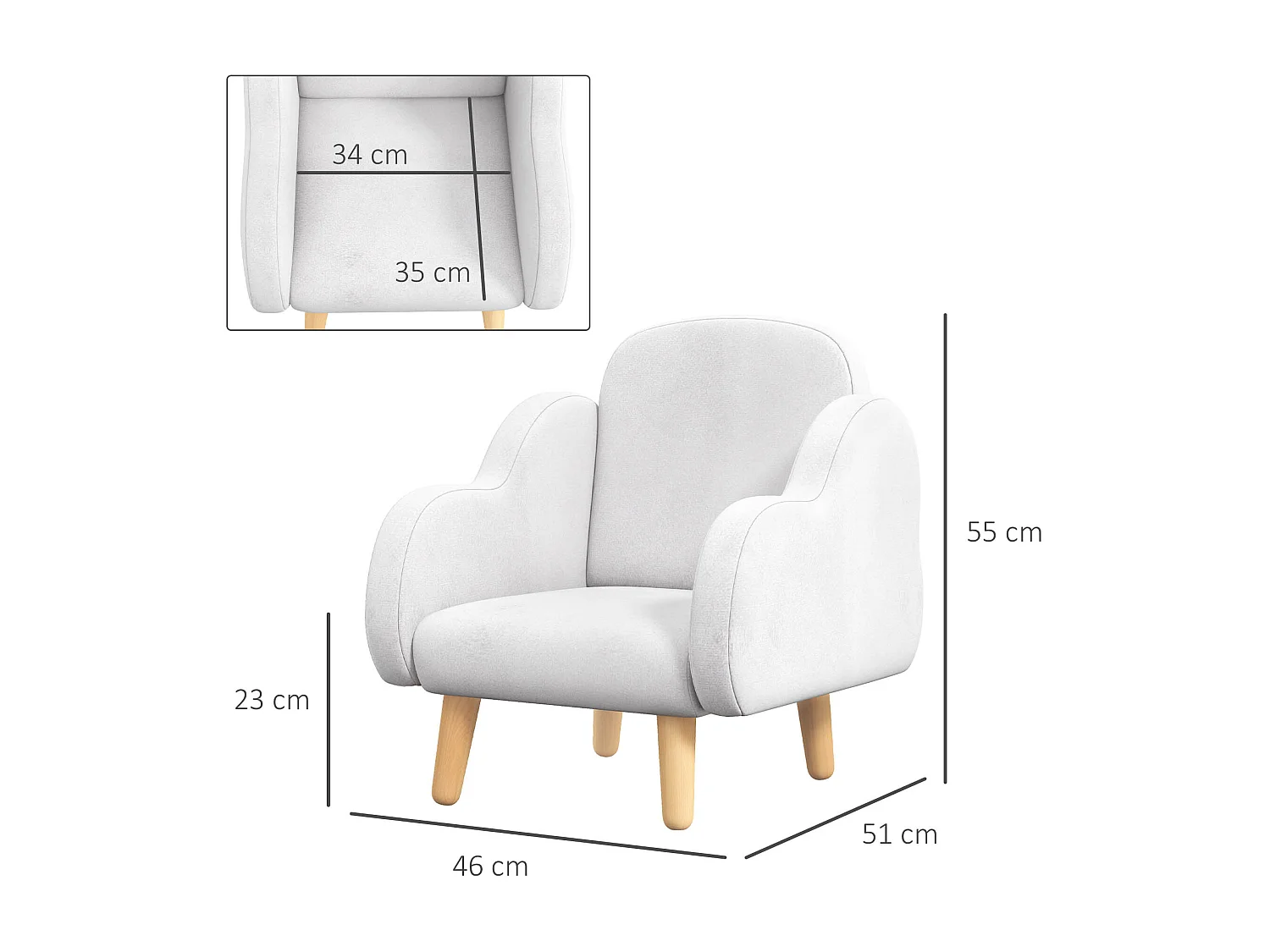 Poltrona per bambini con braccioli a nuvola in tessuto bianca