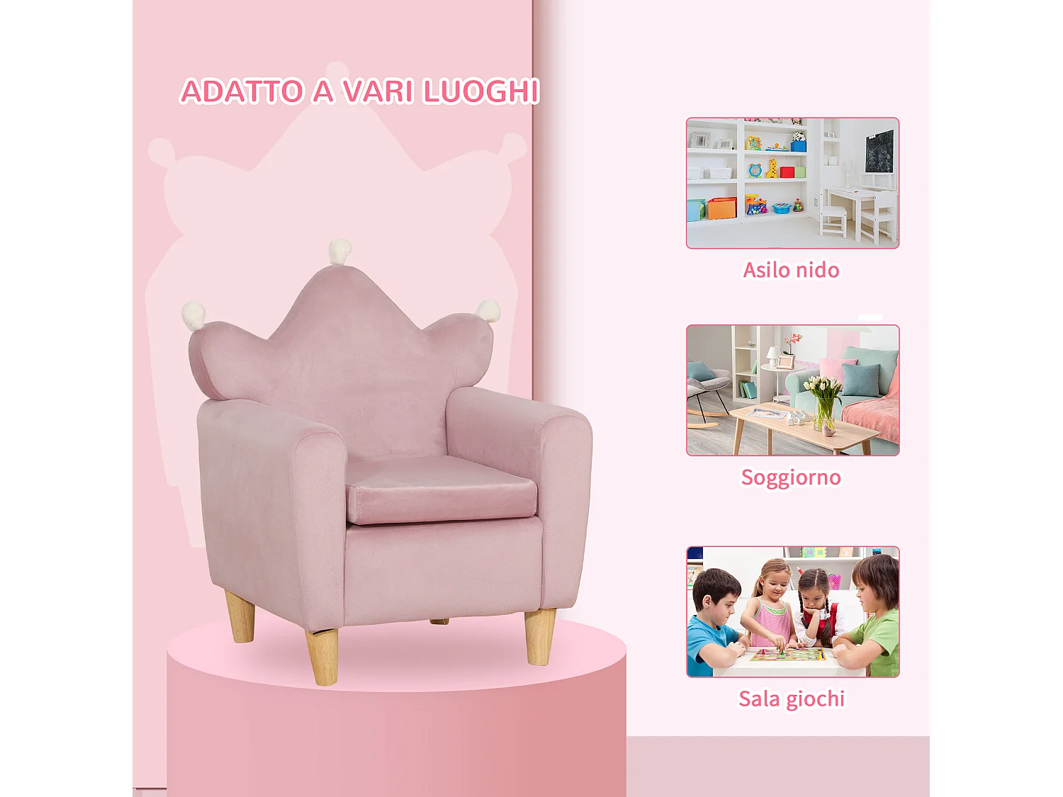 Poltrona per bambini con schienale a corona effetto velluto rosa