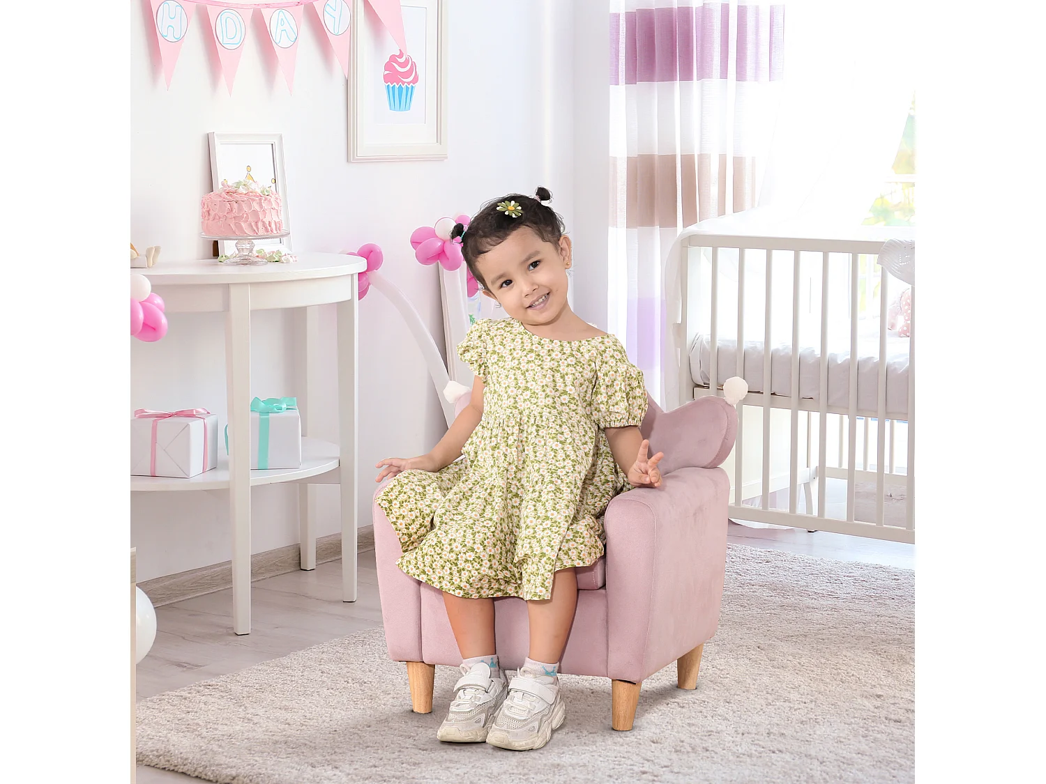 Poltrona per bambini con schienale a corona effetto velluto rosa