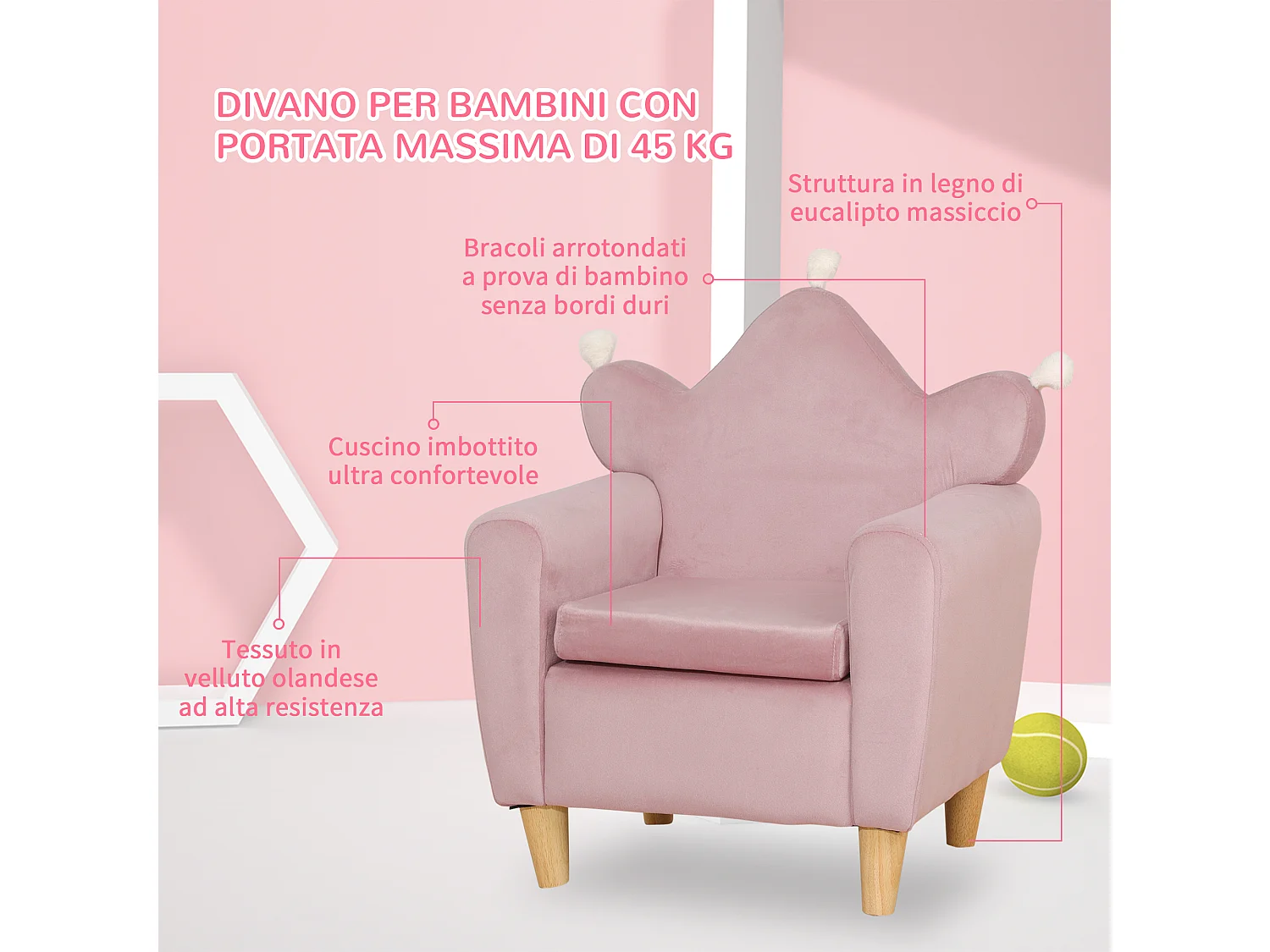 Poltrona per bambini con schienale a corona effetto velluto rosa