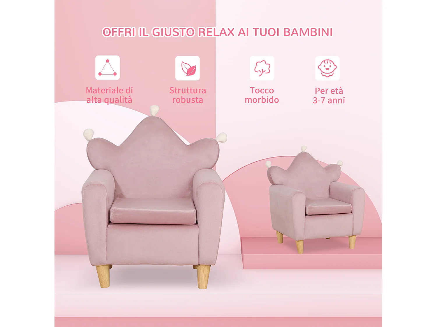 Poltrona per bambini con schienale a corona effetto velluto rosa