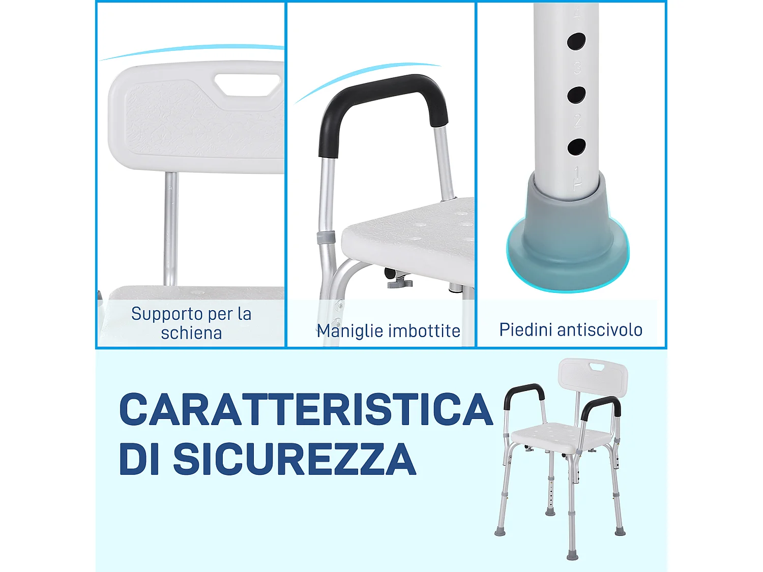 Sedia per doccia con altezza regolabile in alluminio bianco