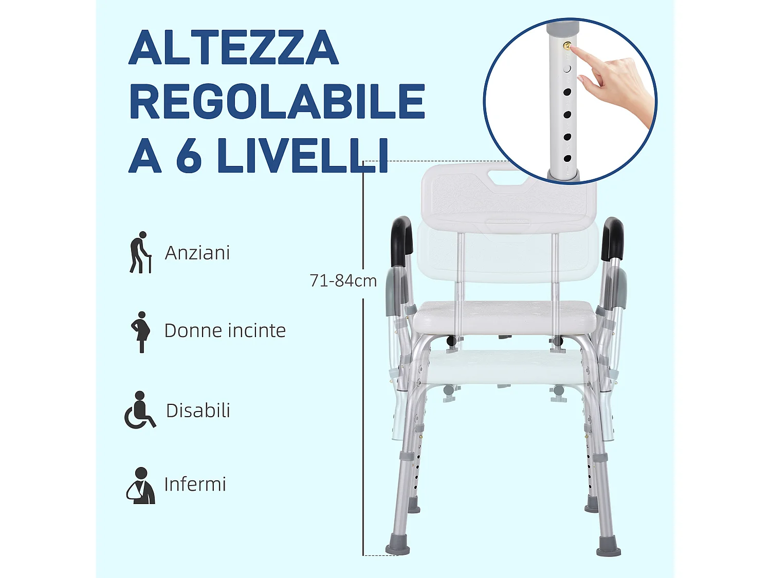 Sedia per doccia con altezza regolabile in alluminio bianco