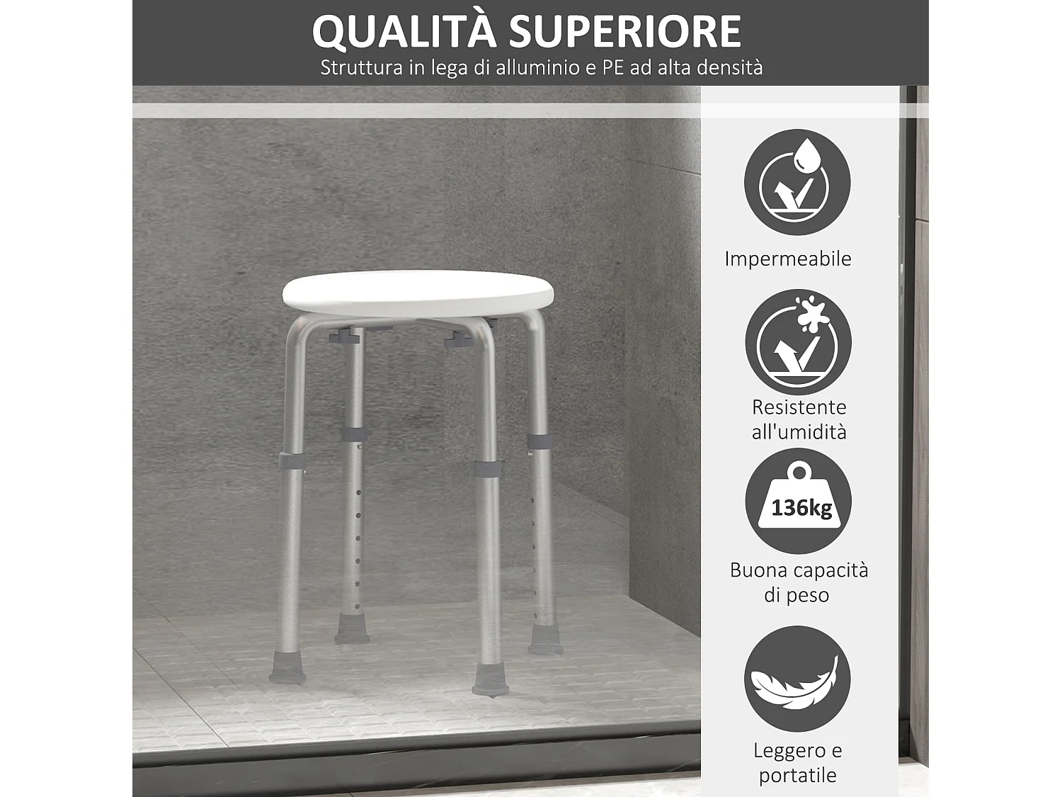 Sedia sgabello per doccia rotondo con altezza regolabile