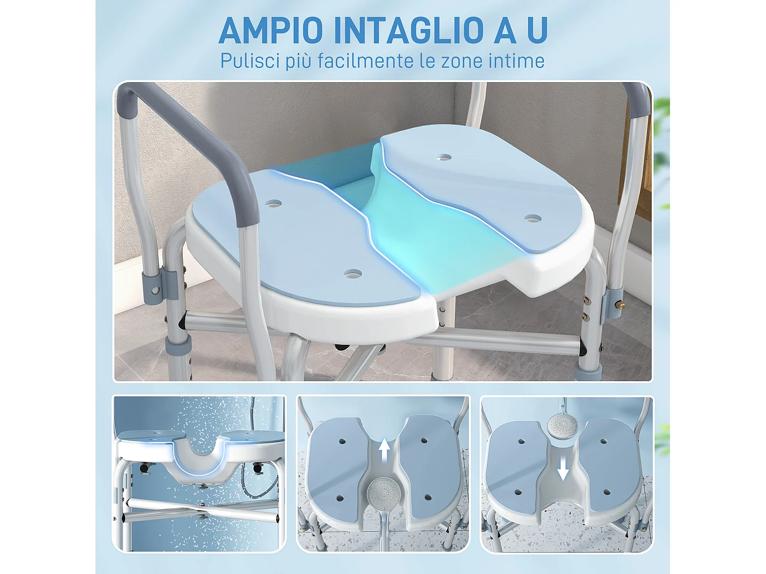 Sgabello per doccia con seduta scanalata e altezza regolabile azzurro