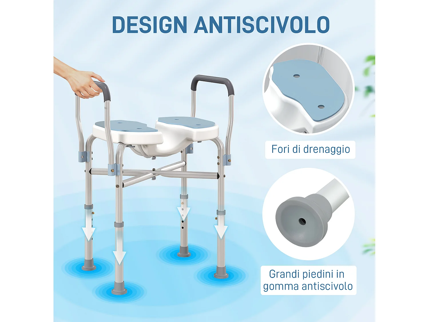 Sgabello per doccia con seduta scanalata e altezza regolabile azzurro