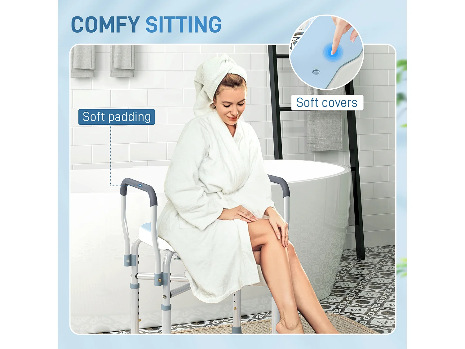 Sgabello per doccia con seduta scanalata e altezza regolabile azzurro