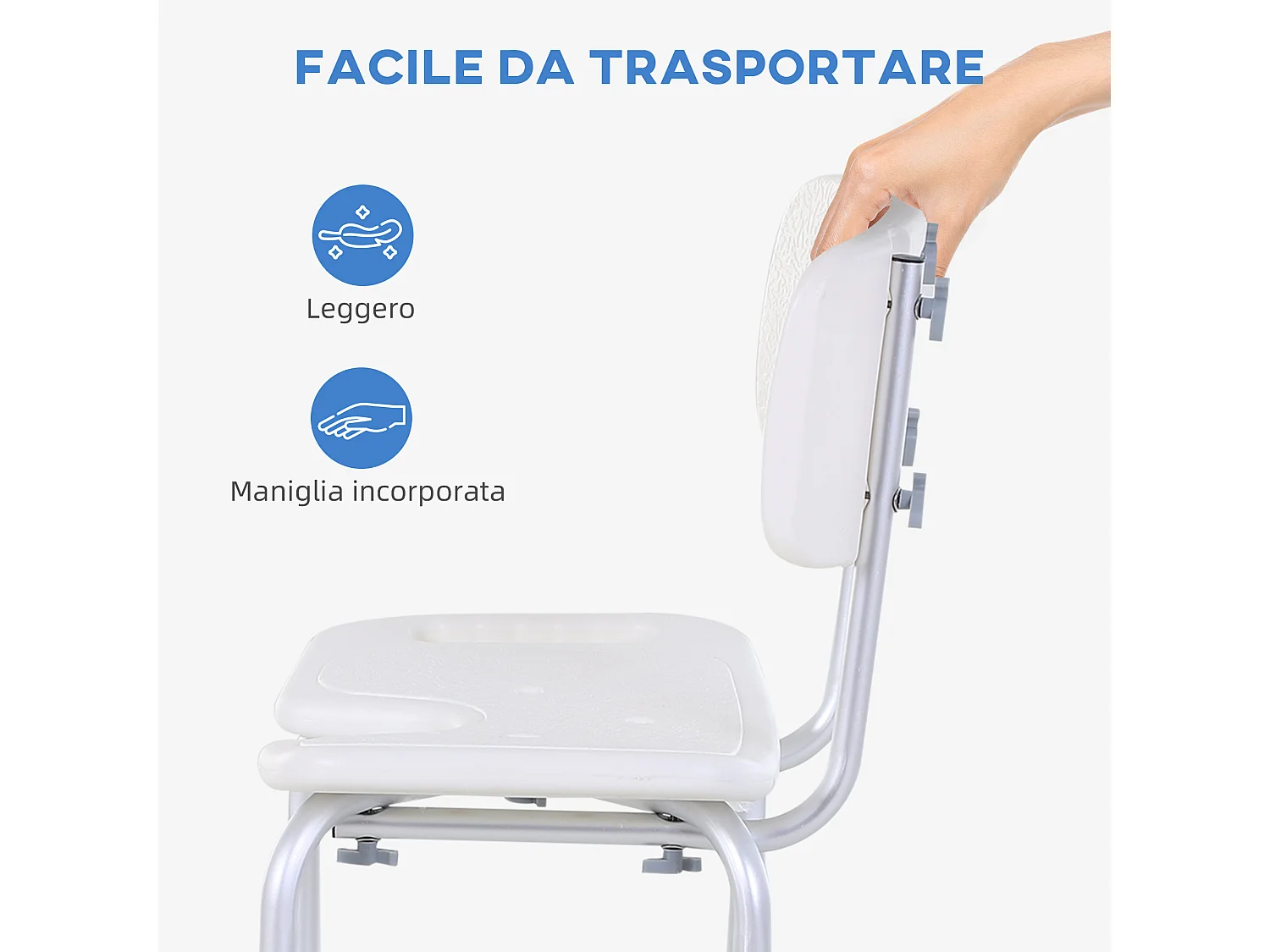 Sedia doccia regolabile su 8 livelli in alluminio e pe bianco argento