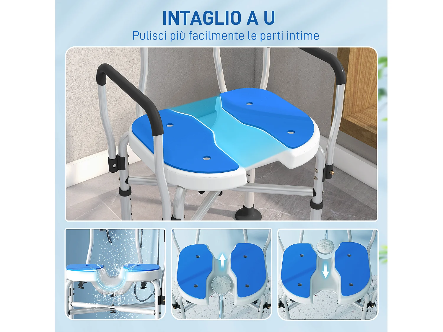 Sedia per doccia con seduta scanalata e altezza regolabile blu