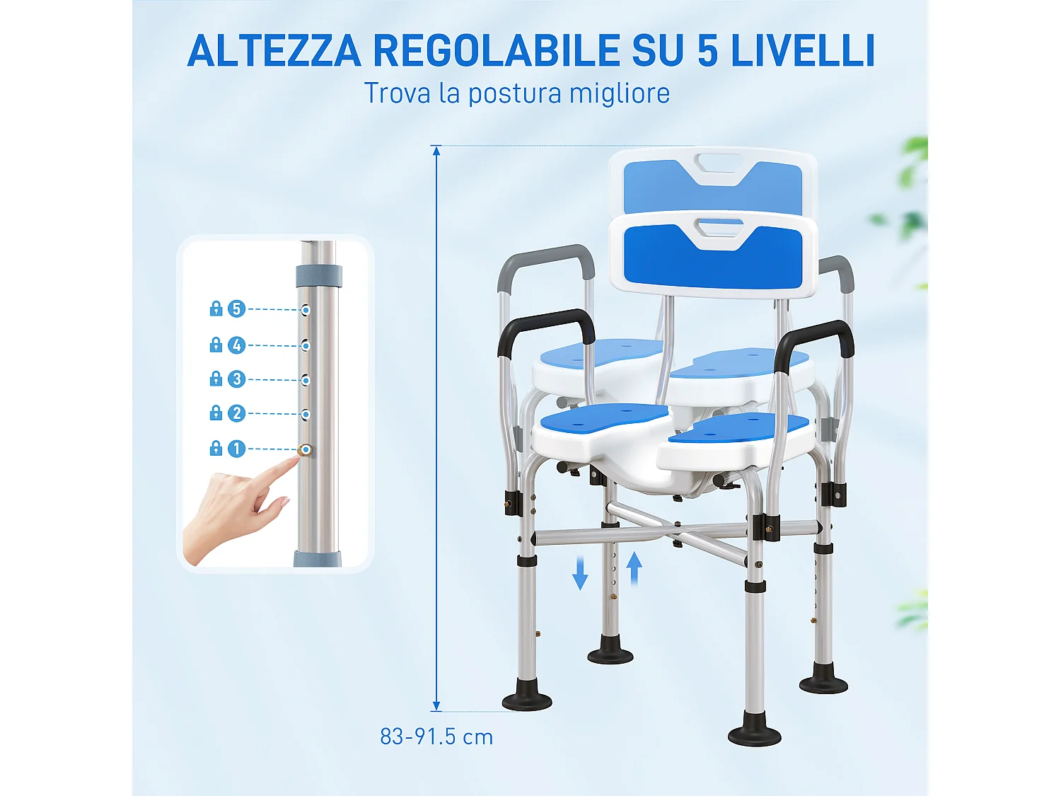 Sedia per doccia con seduta scanalata e altezza regolabile blu