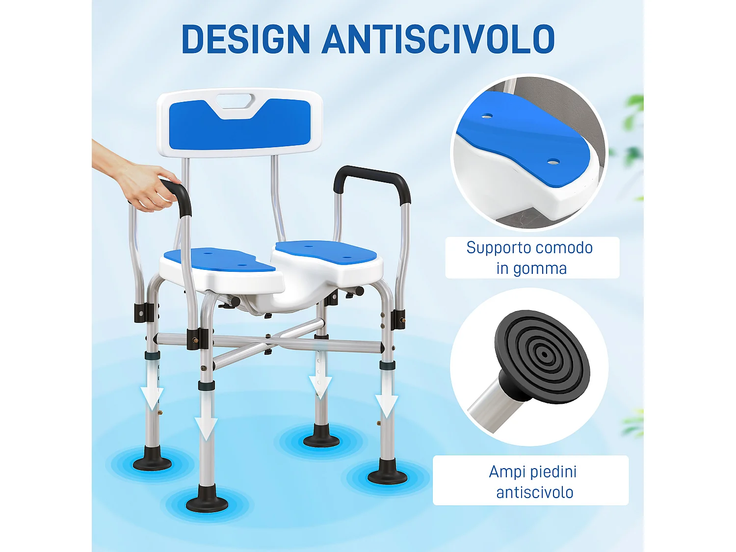 Sedia per doccia con seduta scanalata e altezza regolabile blu