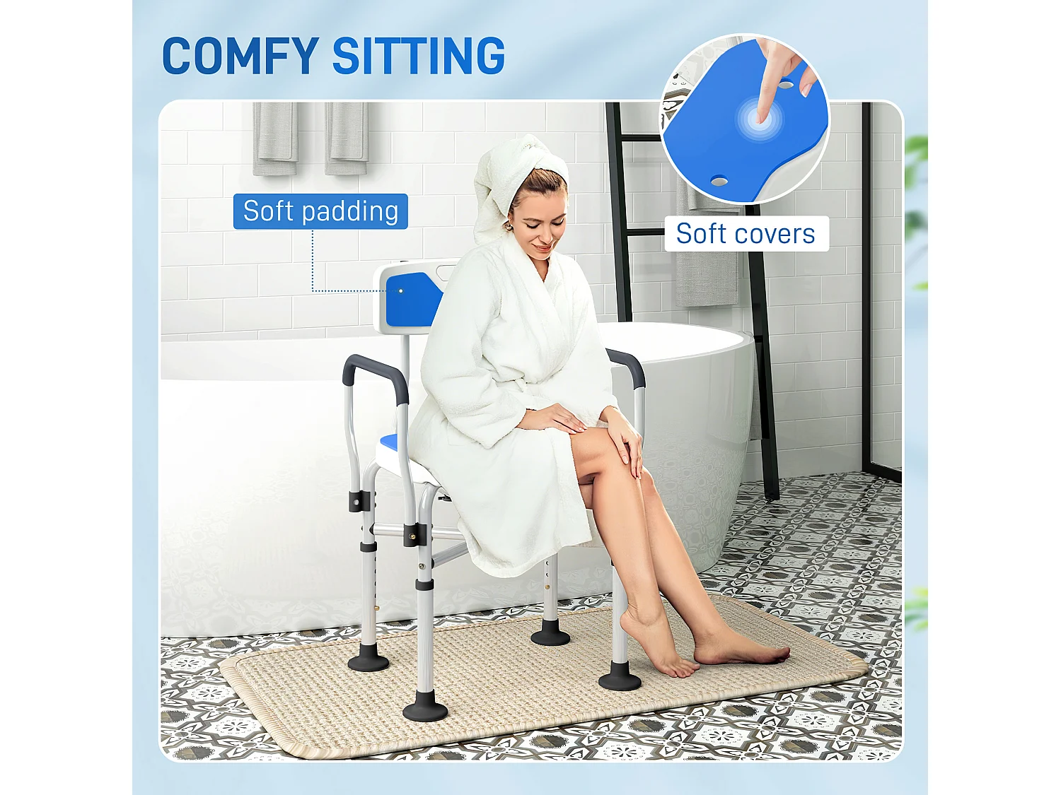 Sedia per doccia con seduta scanalata e altezza regolabile blu