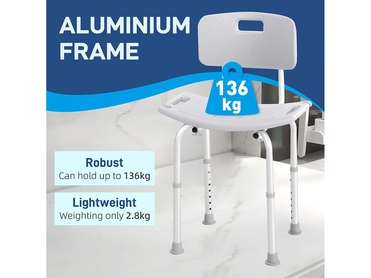 Sedia da doccia regolabile su 8 altezze in alluminio e plastica