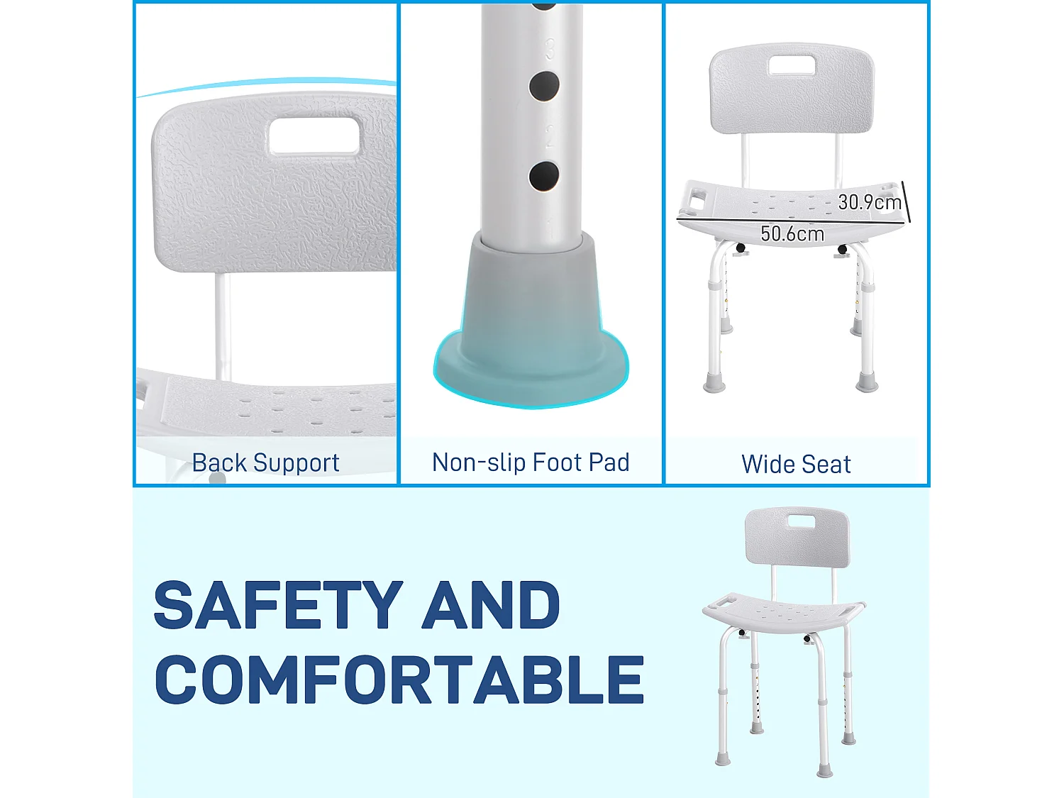 Sedia da doccia regolabile su 8 altezze in alluminio e plastica