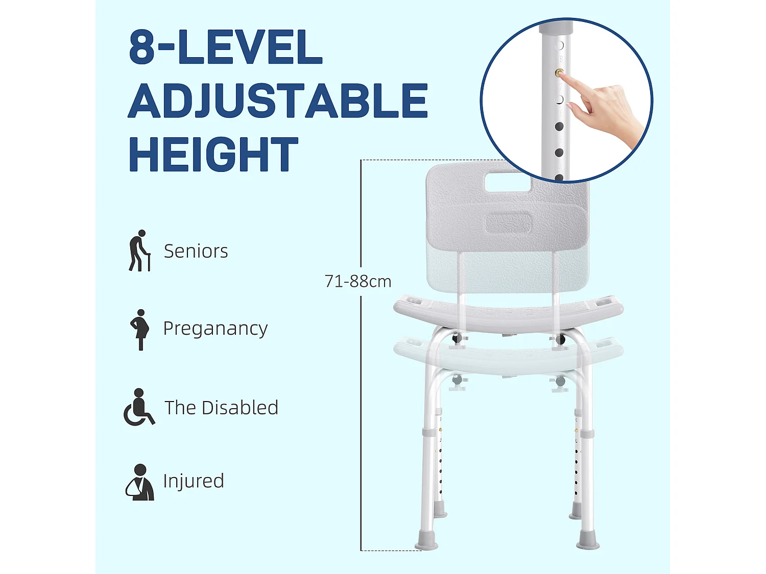 Sedia da doccia regolabile su 8 altezze in alluminio e plastica