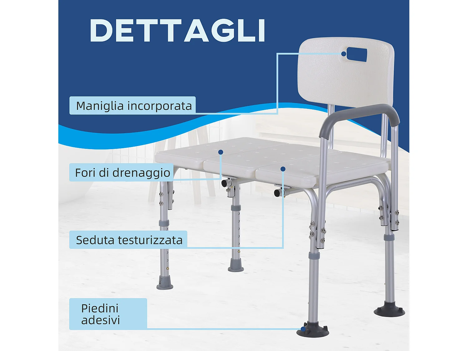 Sedia da doccia antiscivolo e regolabile su 6 livelli 74x53x80-92 cm