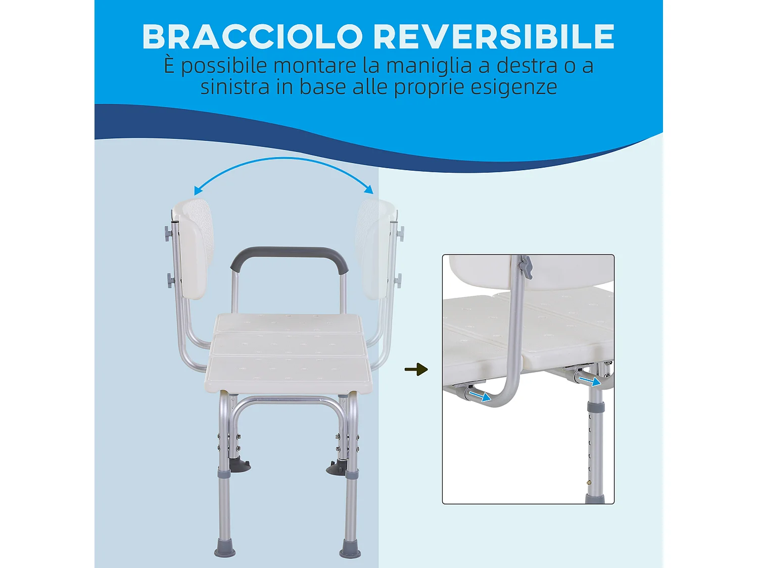 Sedia da doccia antiscivolo e regolabile su 6 livelli 74x53x80-92 cm