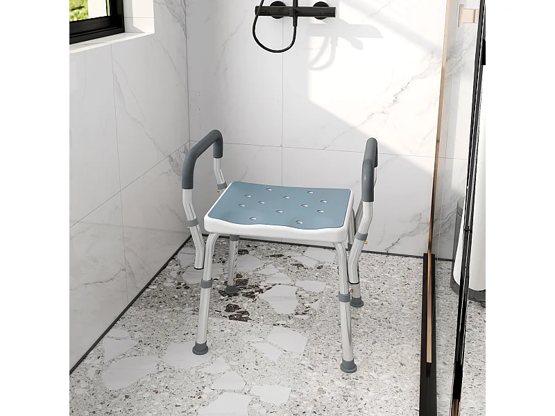 Sgabello per doccia ad altezza regolabile con braccioli multicolore