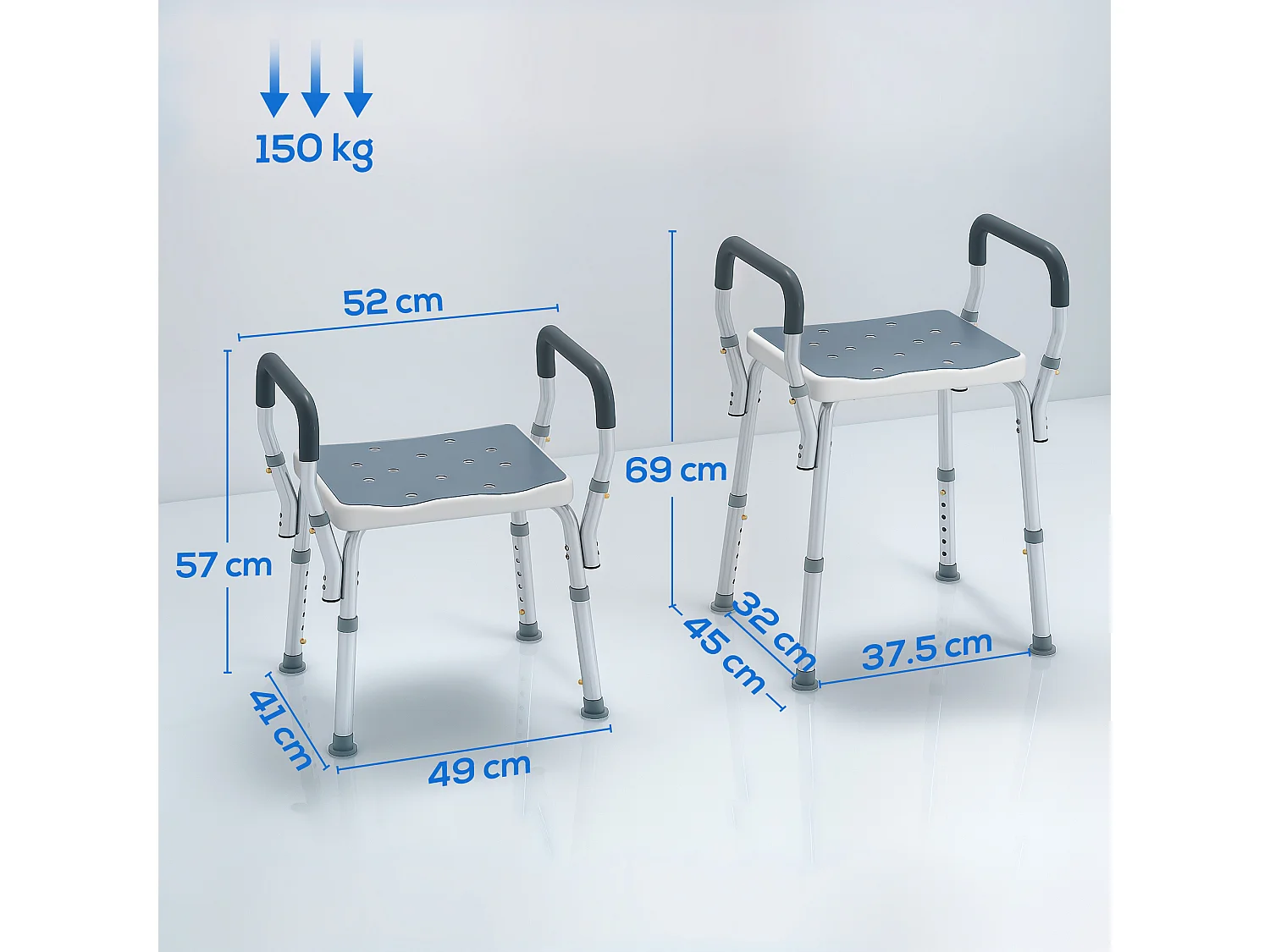 Sgabello per doccia ad altezza regolabile con braccioli multicolore