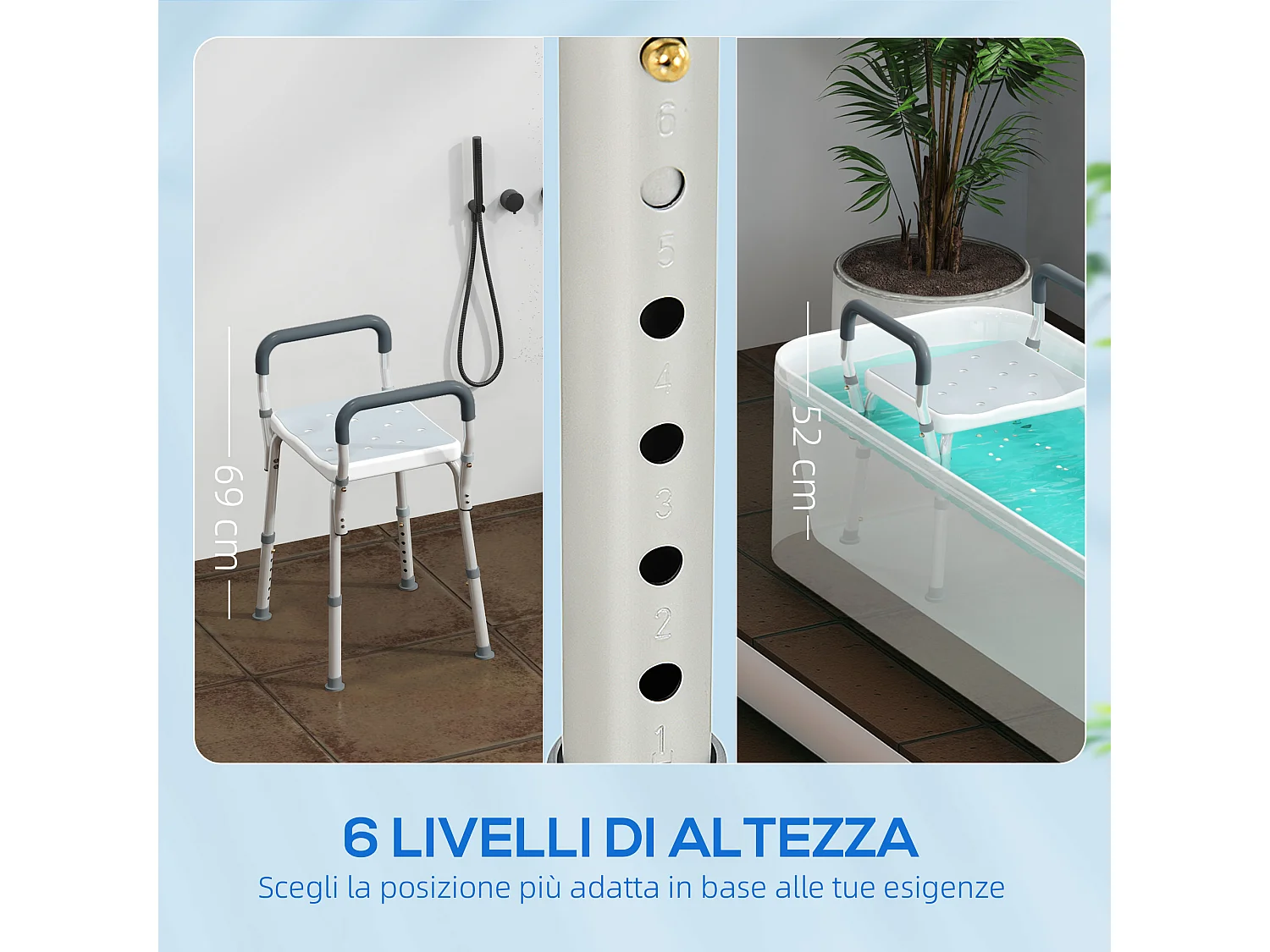 Sgabello per doccia ad altezza regolabile con braccioli multicolore