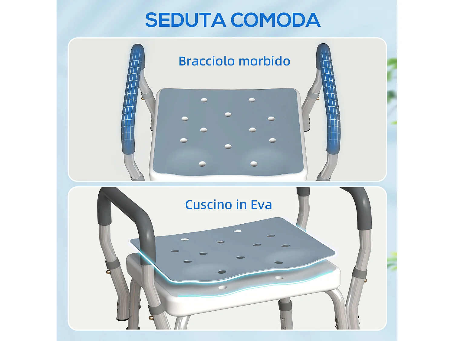 Sgabello per doccia ad altezza regolabile con braccioli multicolore