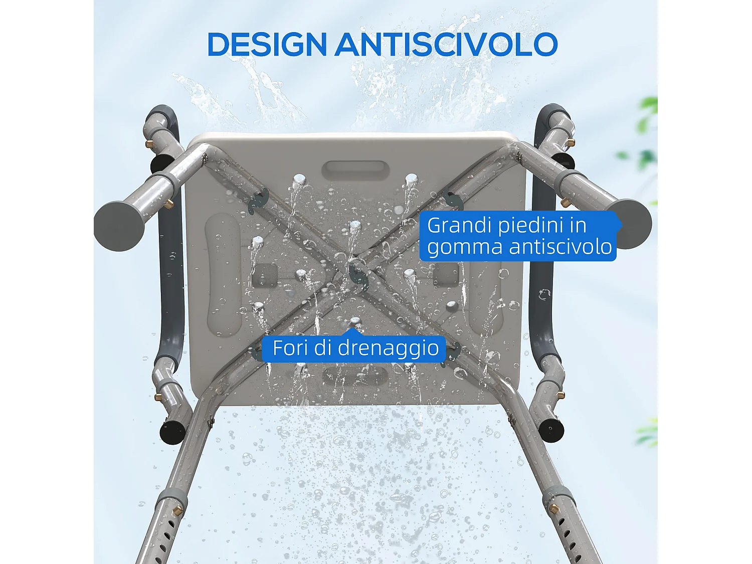 Sgabello per doccia ad altezza regolabile con braccioli multicolore