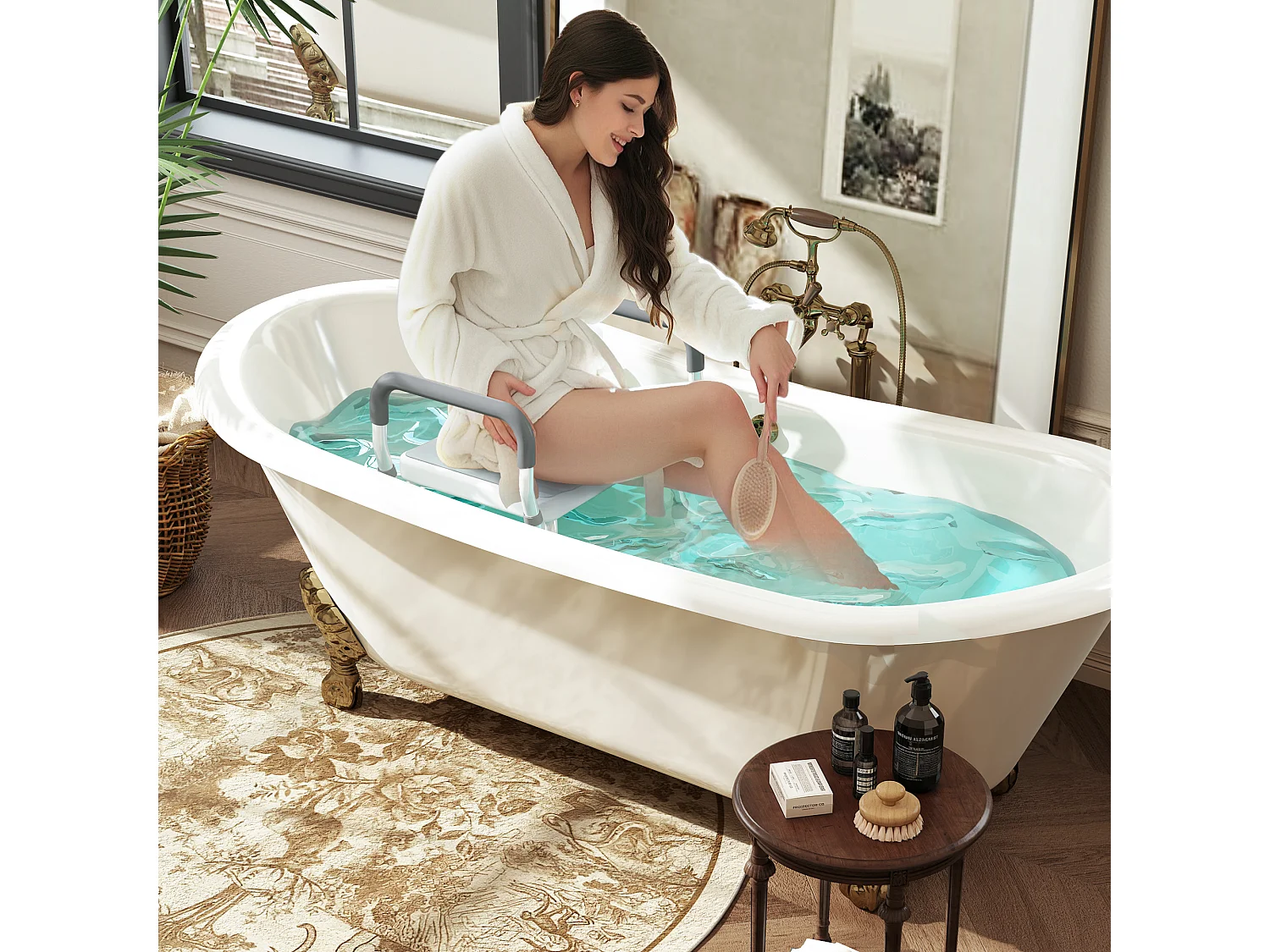 Sgabello per doccia ad altezza regolabile con braccioli multicolore