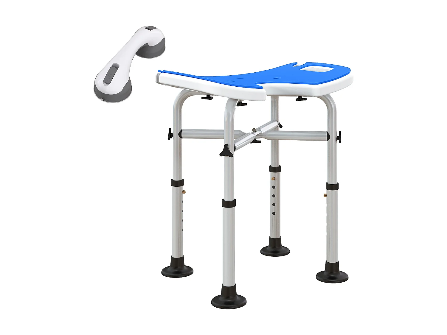 Sgabello da doccia regolabile in altezza con maniglione a ventosa blu