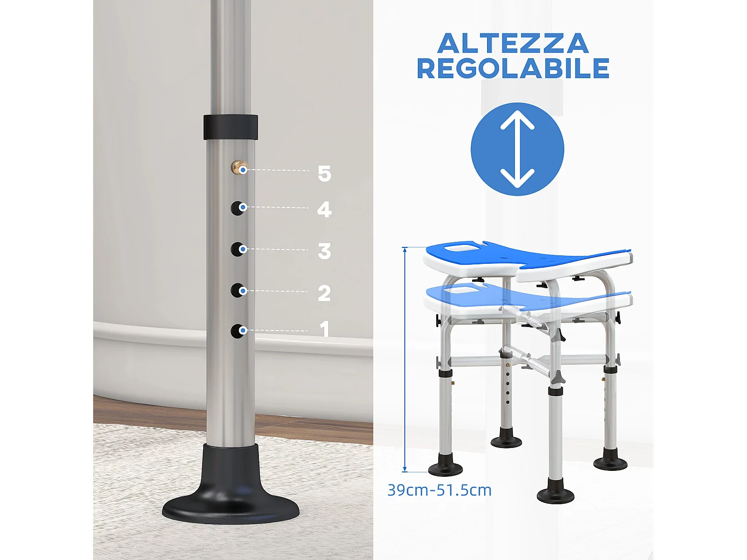 Sgabello da doccia regolabile in altezza con maniglione a ventosa blu