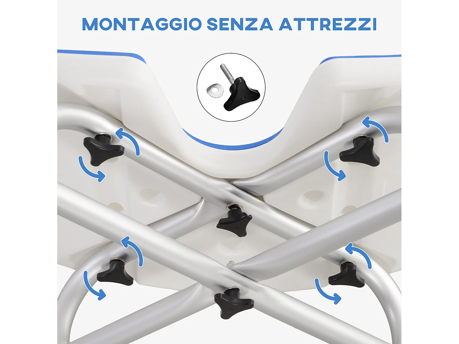 Sgabello da doccia regolabile in altezza con maniglione a ventosa blu