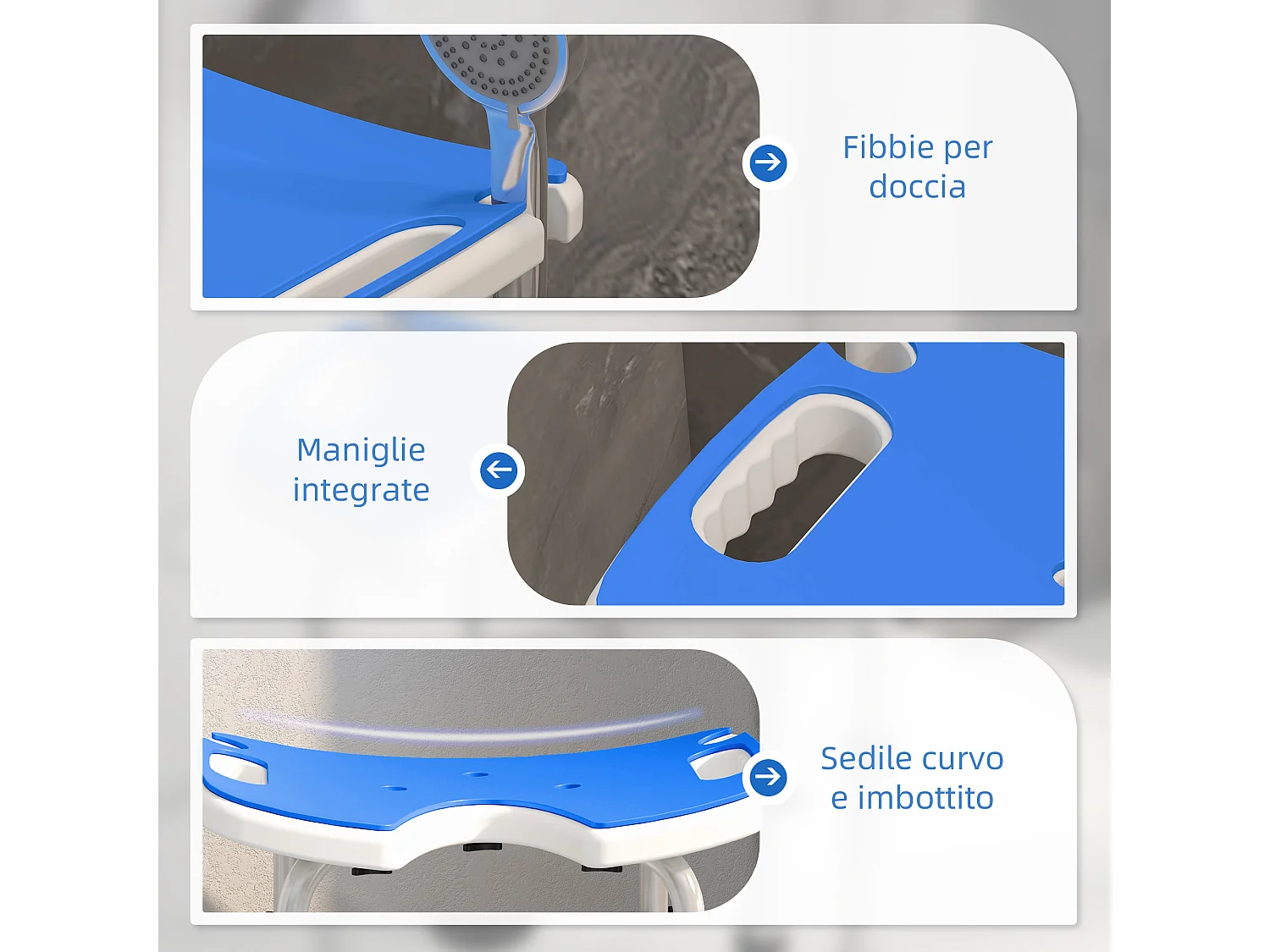 Sgabello da doccia regolabile in altezza con maniglione a ventosa blu