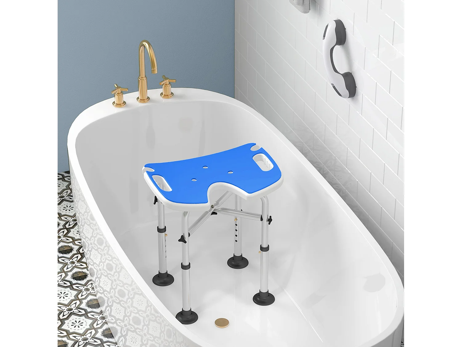 Sgabello da doccia regolabile in altezza con maniglione a ventosa blu