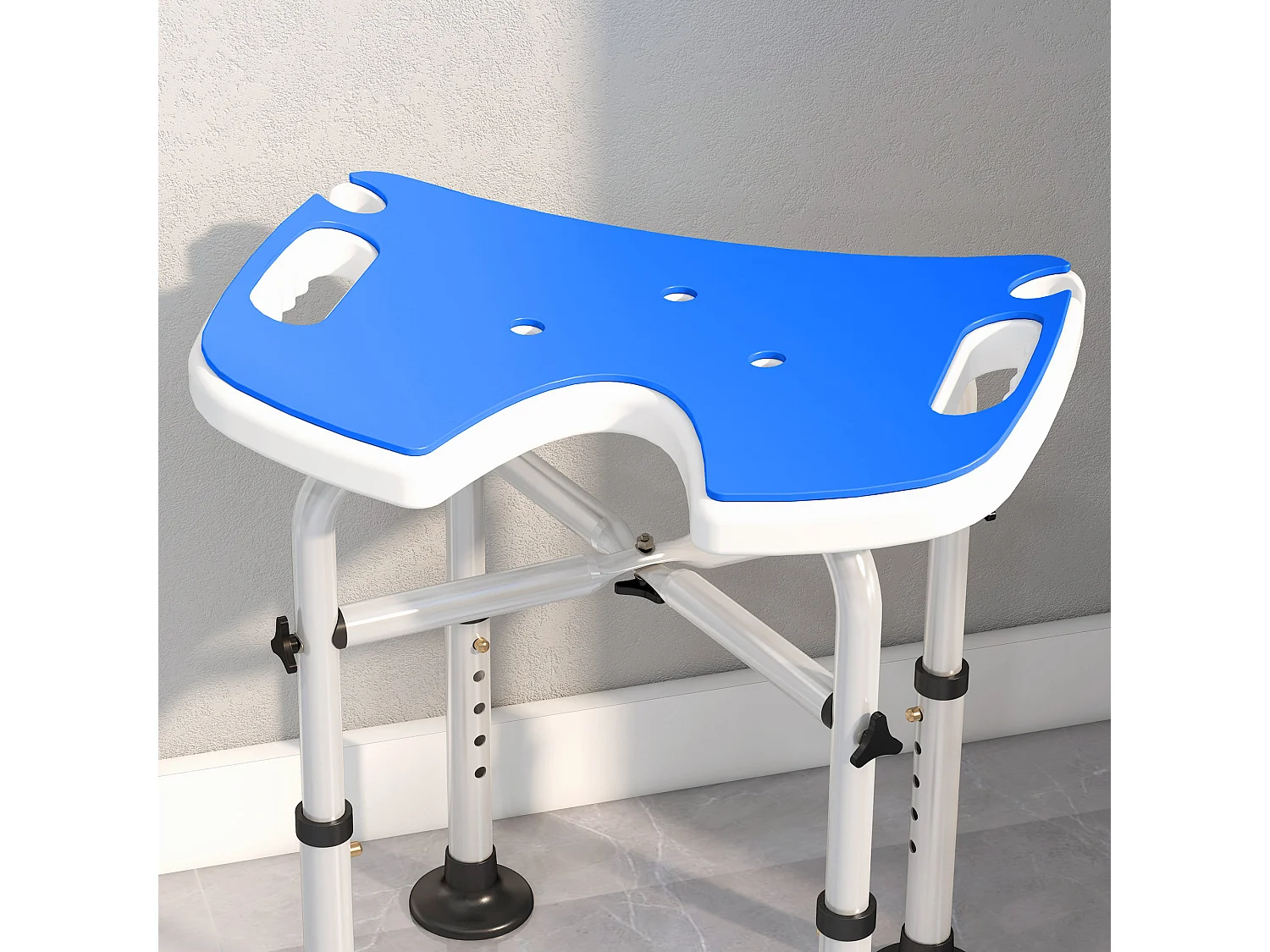 Sgabello da doccia regolabile in altezza con maniglione a ventosa blu