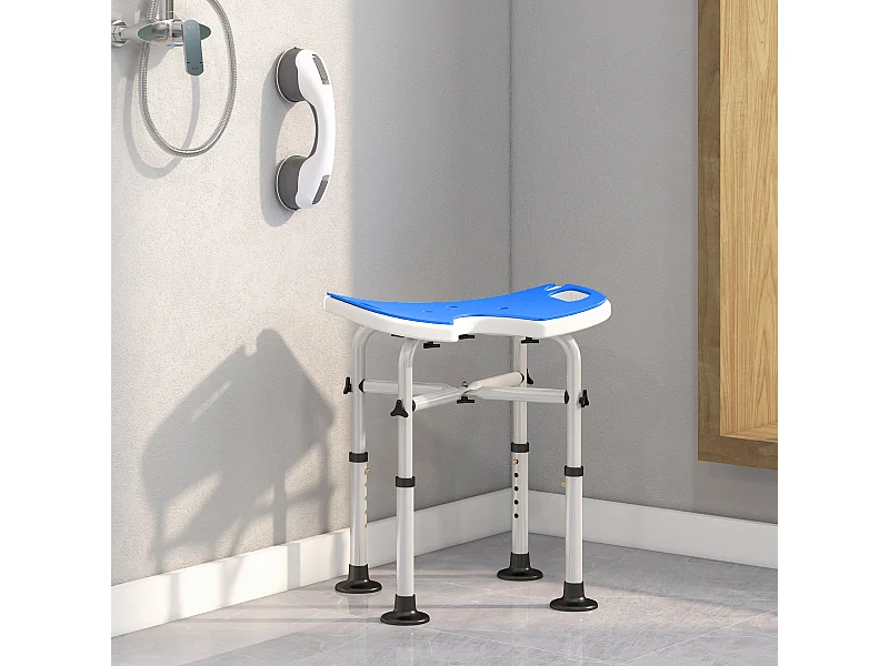Sgabello da doccia regolabile in altezza con maniglione a ventosa blu