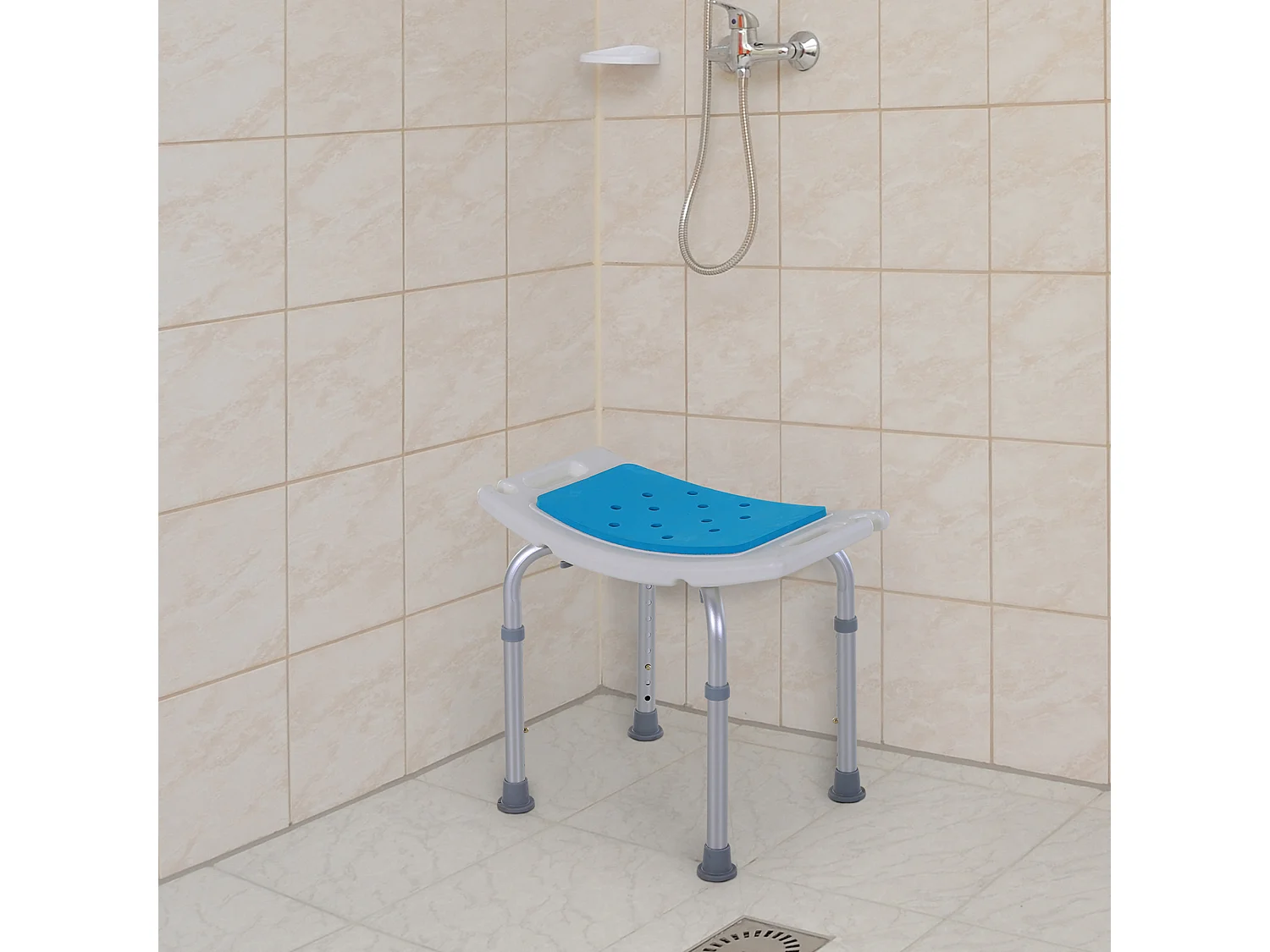 Sgabello da doccia ad altezza regolabile in alluminio e plastica