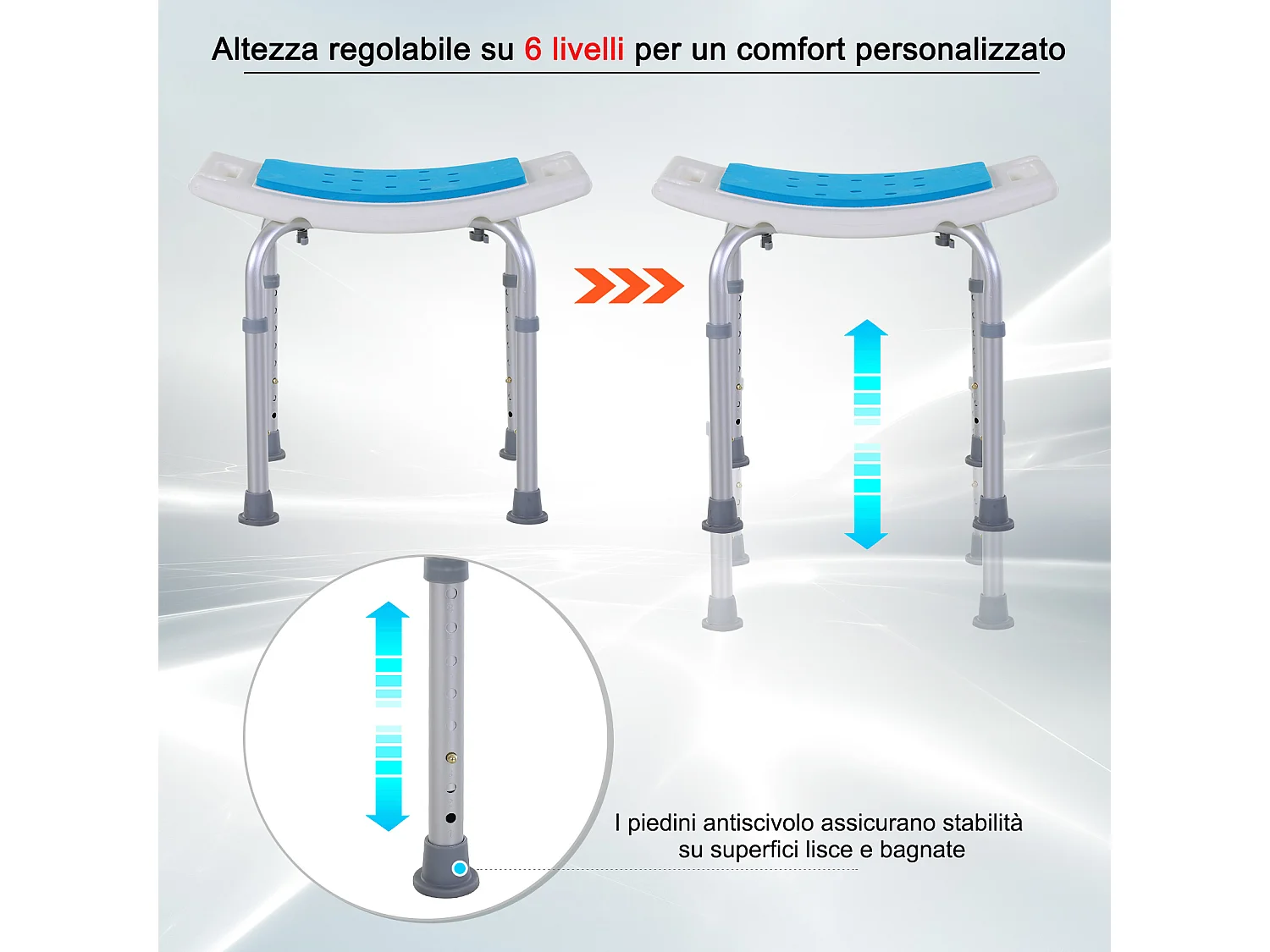 Sgabello da doccia ad altezza regolabile in alluminio e plastica