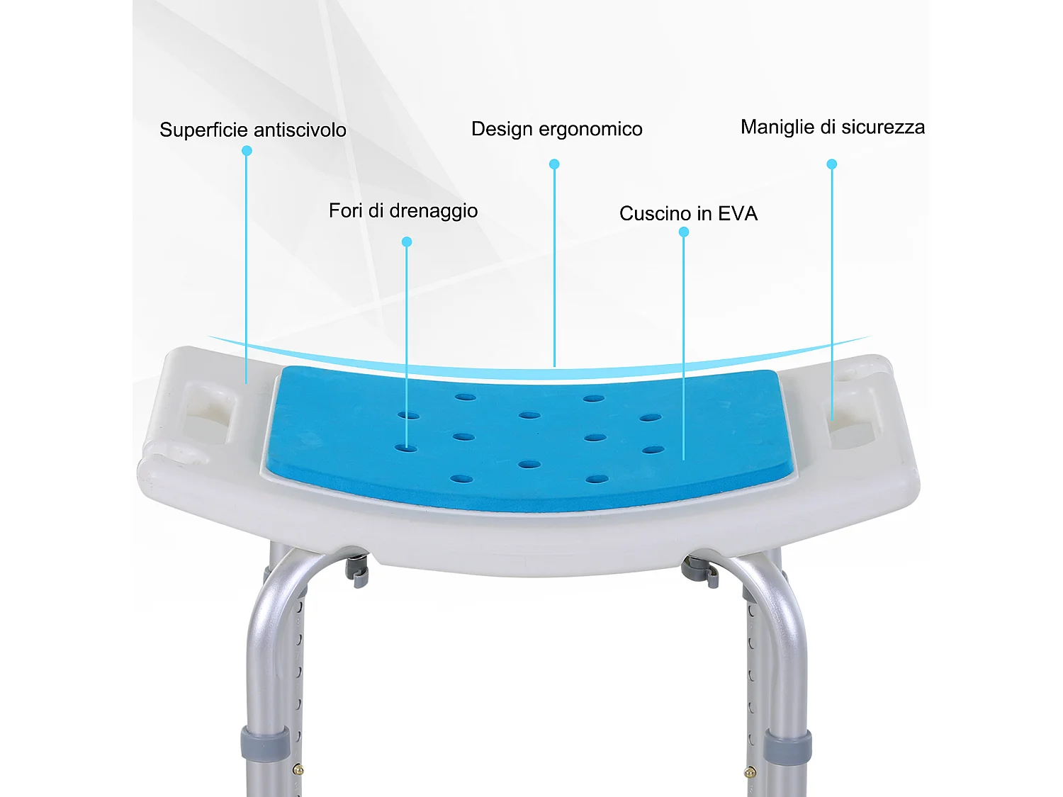 Sgabello da doccia ad altezza regolabile in alluminio e plastica